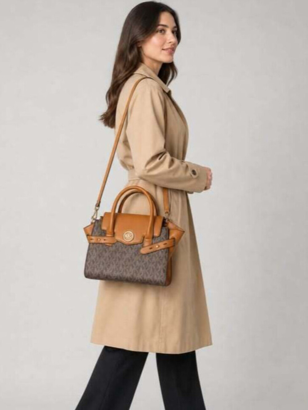 Michael Kors Carmen Medium Satchel Crossbody Brown Cognac Leather MK Logo